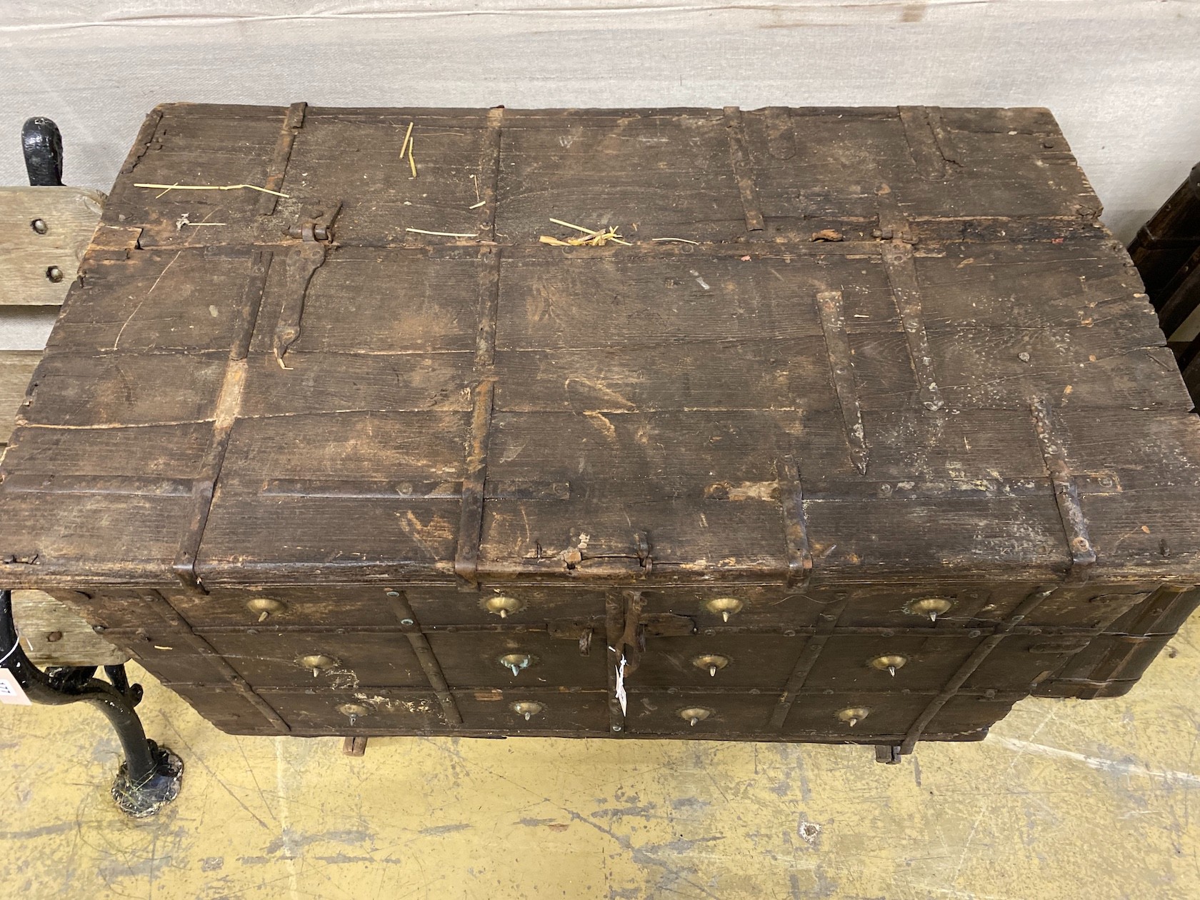 An Indonesian iron bound hardwood trunk, width 119cm, depth 66cm, height 78cm